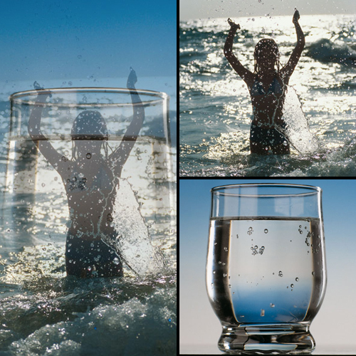 Photoshop macht es möglich. Aus zwei Bildern wurde durch Fotomontage mit Hilfe von "Filtern" und "Verläufen" die "Frau im Wasserglas".